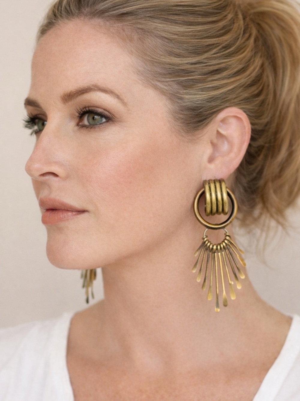 Vintage Style Brass Fringe Boho Statement Dangle Hoop Earrings Tribal